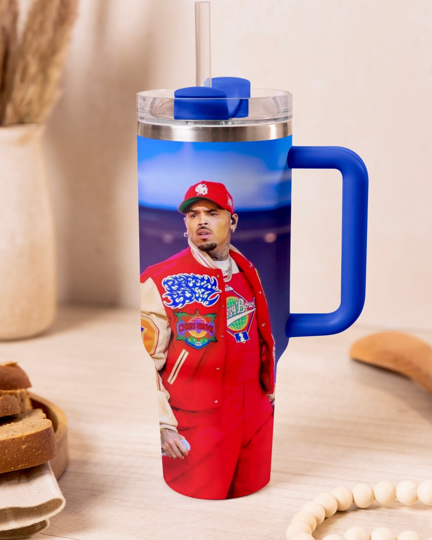 Blue Chris Brown tumbler front detail view