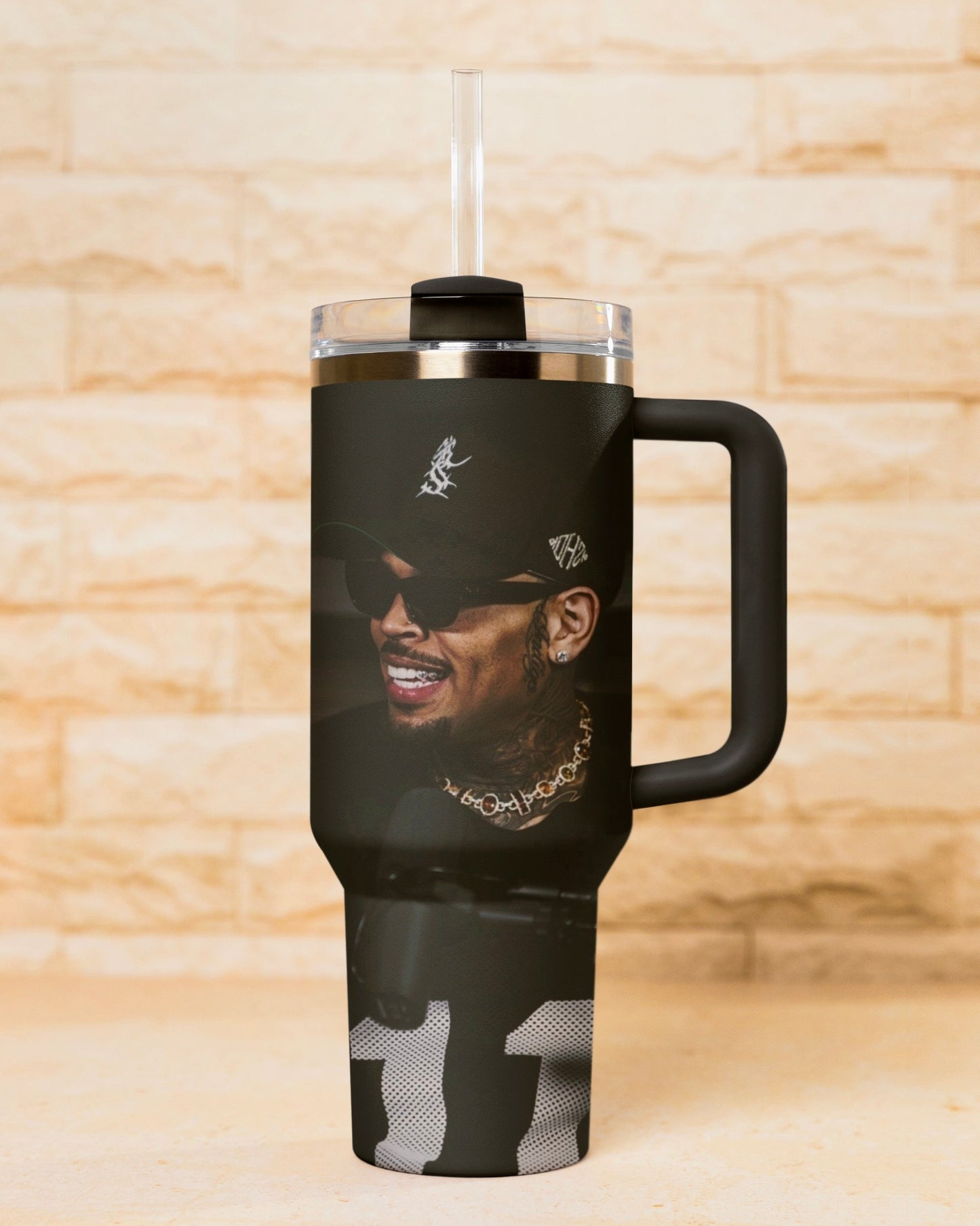 Black 30oz Chris Brown insulated tumbler with straw 
