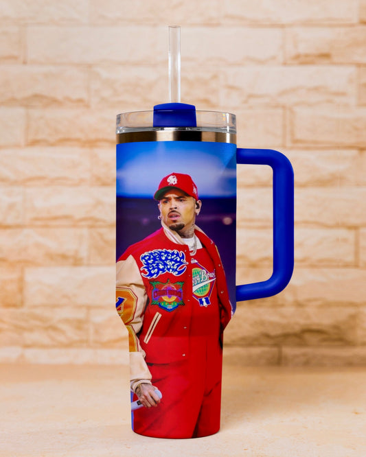 Blue 30oz Chris Brown insulated tumbler with straw t

