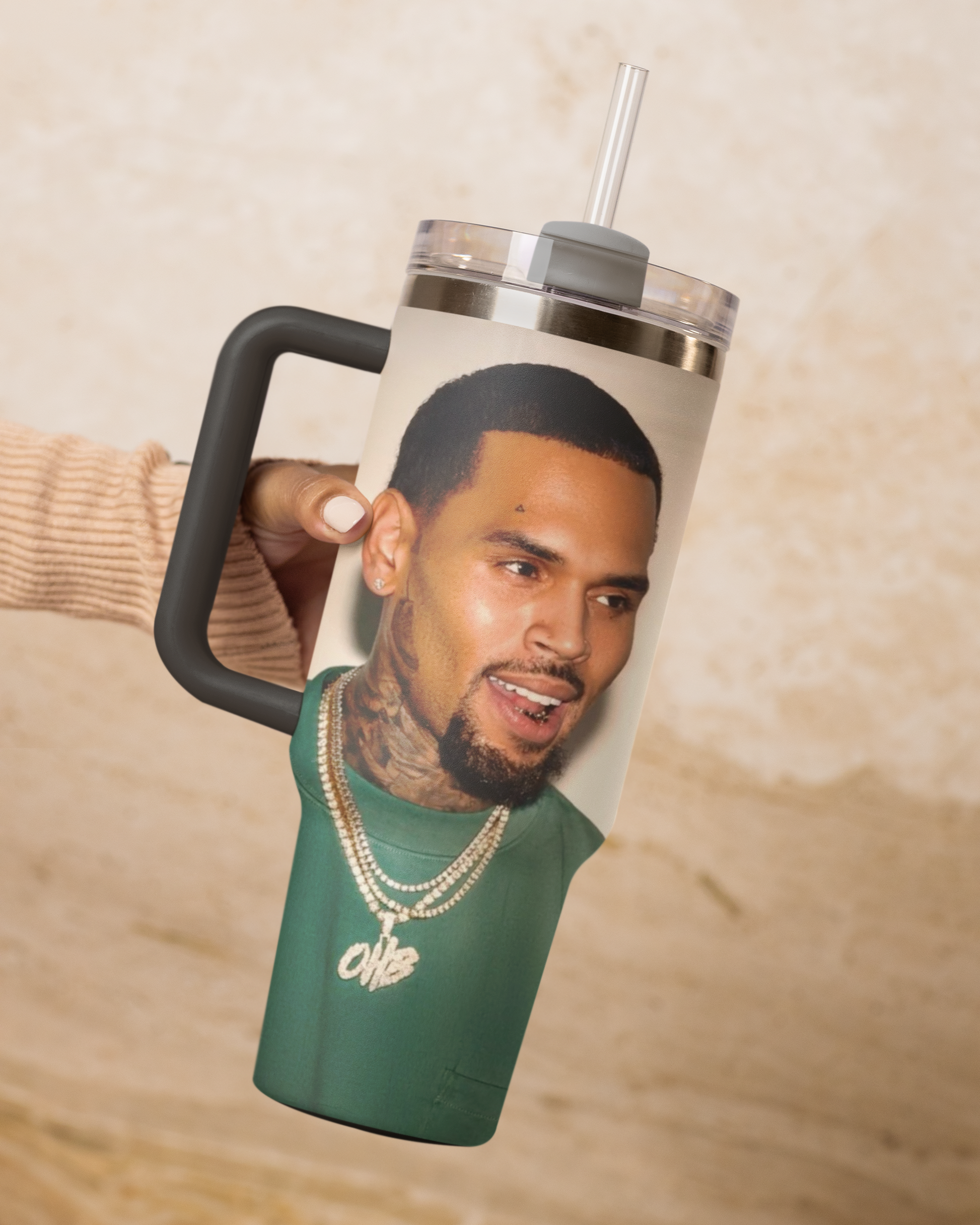 Grey 30oz Chris Brown insulated tumbler with a handle featuring Chris Brown face 