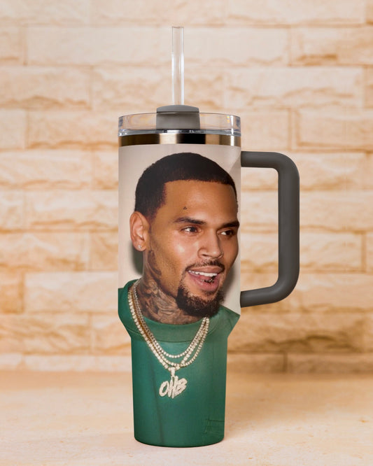 Grey 30oz Chris Brown insulated tumbler with straw topper
